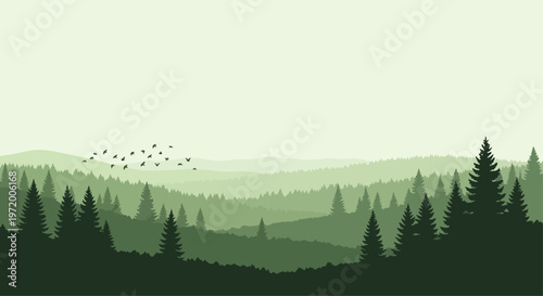 Forest landscape illustration green hues layered silhouette trees nature
