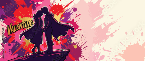 Valentine Silhouettes of a Loving Couple on Cliff with Ink Splatters