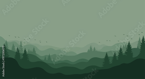 Abstract landscape illustration green hues layered hills trees silhouette