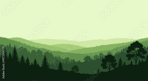 Green hills landscape silhouettes forest trees nature background
