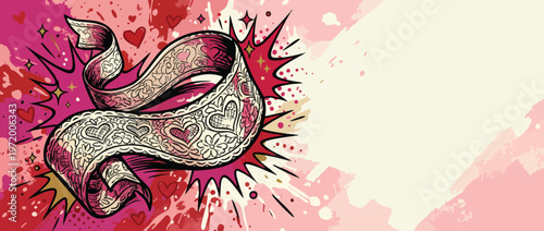 Valentines Day Beautiful Lace Ribbon with Soft Comic Burst Accents and Romantic Hearts