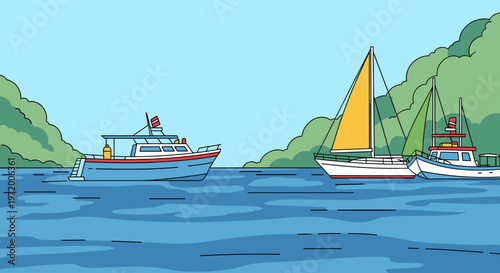 Three boats are sailing on the blue water near the green hills.