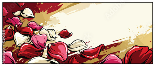 Valentines Day Beautiful Rose Petals Scattered on a Golden Grunge Background Frame