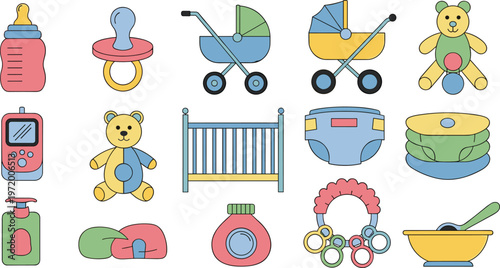 Baby Care Flat Icons Set with Stroller Pacifier Bottle Crib Toys and Infant Essentials