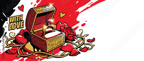 Valentines Day Engagement Ring in Red Box with Hearts and Roses