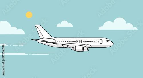 A clean, modern illustration of a white passenger airplane flying through a bright blue sky with fluffy white clouds and a yellow sun.