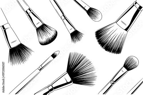 Assortment of Black and White Makeup Brushes a White Background beauty cosmetic