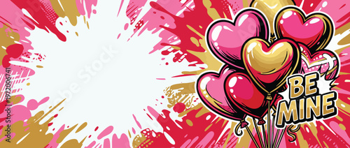 Valentines Day Heart Balloons with Gold and Pink Paint Splatter Background