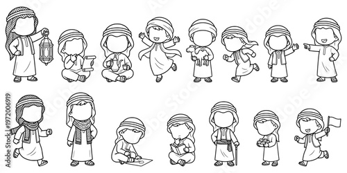 Faceless kids Arabian costume coloring page outline vector set