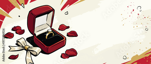 Valentines Day Ring Box with Rose Petals and Bow for Romantic Proposal