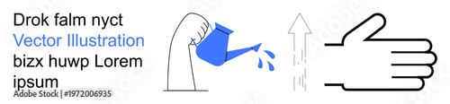 Growth, nurturing, motivation, development, gardening, sustainability. A hand pouring water with a watering can and a growth arrow beside a hand outline. Growth and nurturing
