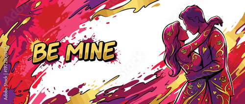 Valentines Day Romantic Couple Embracing with Decorative Pattern and Text