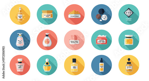 Set of 15 Flat Design Skincare and Cosmetic Product Icons Vector