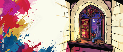 Valentines Day Themed Window with Stained Glass Hearts and Castle Under Moonlight