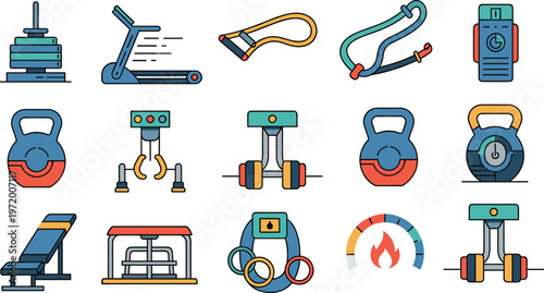 Gym Fitness Equipment Flat Icons Set with Treadmill Kettlebell Dumbbell Resistance Bands and Workout Gear