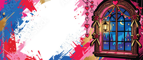 Valentines Day Window with Elegant Decorations and Night Sky View