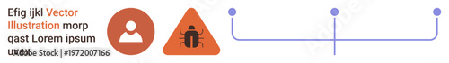 Cybersecurity, data analysis, user authentication, risk warning, IT systems, digital protection. Circular profile icon, bug warning sign network lines. Cybersecurity and risk warning concept