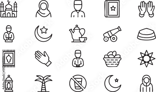 Ramadan Kareem outline icons with lantern quran and crescent symbols