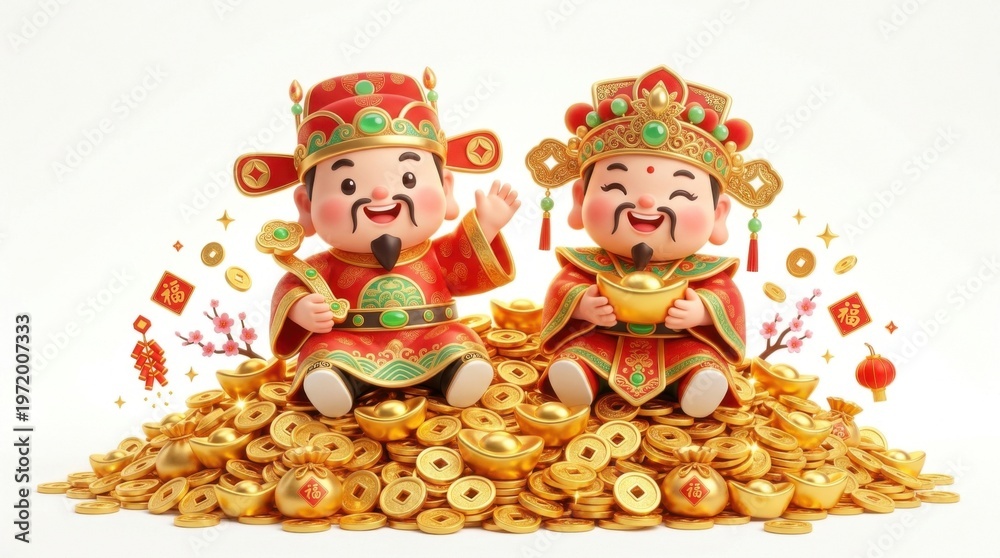 Fototapeta premium Lucky Gods with Gold Coins Bringing Prosperity and Joy for Celebrations