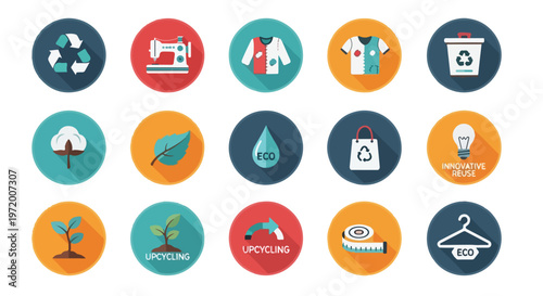 Set of 15 Flat Design Sustainable Fashion and Upcycling Vector Icons