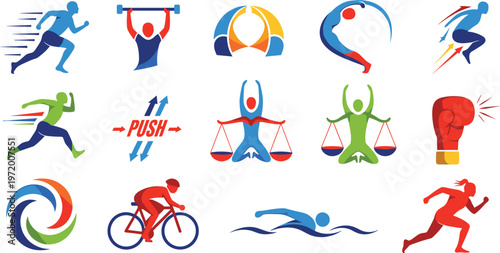 Sports Fitness Flat Icons Set with Running Cycling Swimming Weightlifting and Athletic Activities