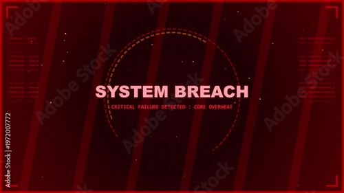 Digital warning screen displaying system breach alert with glitch effect, data corruption, digital noise and red warning lights, cybersecurity threat detected