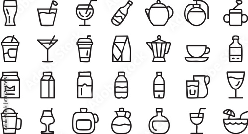 Minimal beverage icon pack with coffee tea juice and alcohol elements