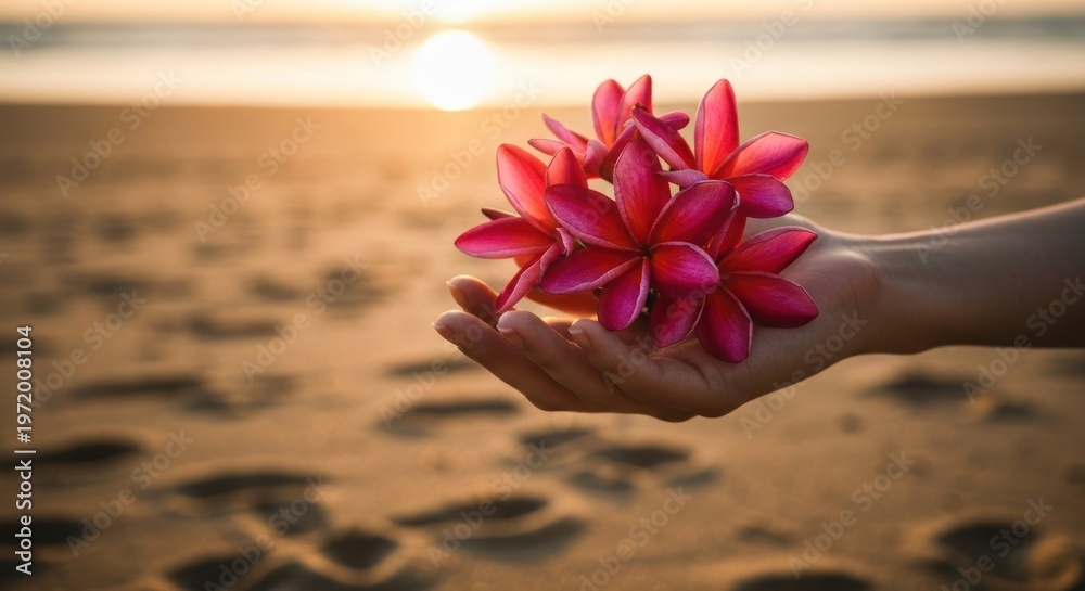 Fototapeta premium A hand, gently holding bright pink flowers on a beach at sunset
