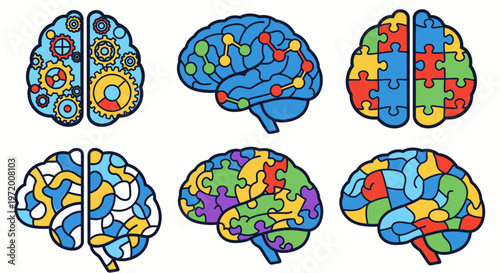 Collection of stylized brains with gears and puzzle pieces, symbolizing creativity, intelligence, and problem-solving