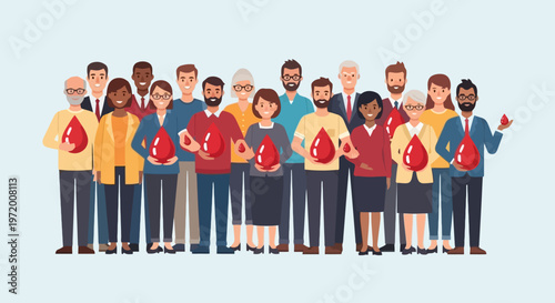 Diverse Blood Donation Community Group Holding Red Blood Drop Symbols Healthcare Awareness Illustration
