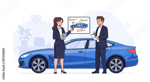 Car insurance consultation with agent and client beside blue sedan flat vector illustration vehicle coverage concept