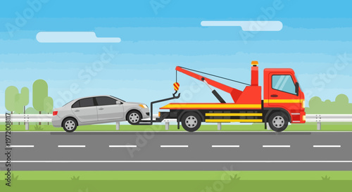 Tow Truck Transporting Broken Car on Highway Roadside Assistance Illustration