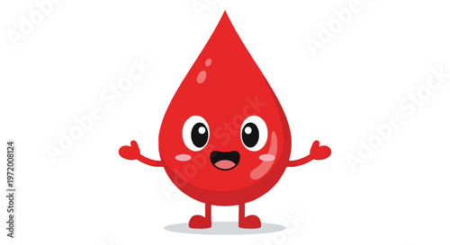 Cute Happy Blood Drop Mascot Character with Open Arms Cartoon Illustration