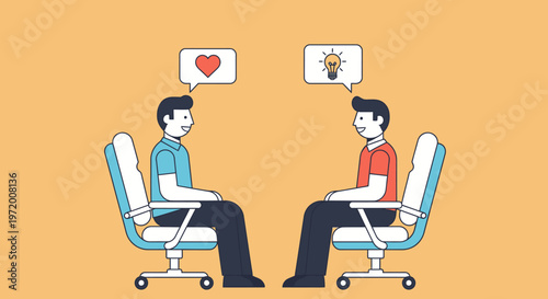 Two men sitting in chairs facing each other, communicating ideas and emotions with speech bubbles, representing collaboration and understanding.