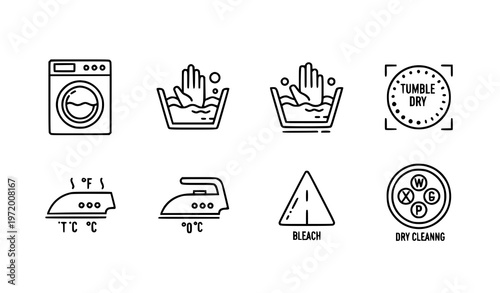 Laundry care symbols linear icons set vector illustration