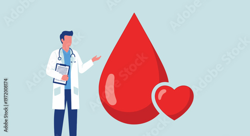 Doctor Promoting Blood Donation Awareness with Red Drop and Heart Healthcare Illustration