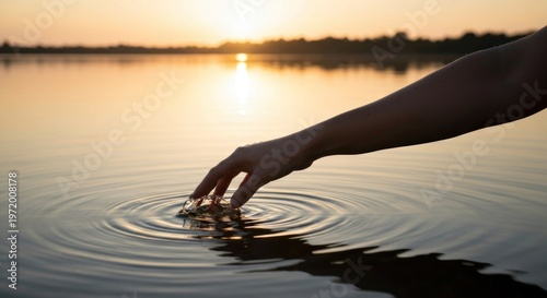 A hand gently touches water, creating ripples under a sunset's warm glow
