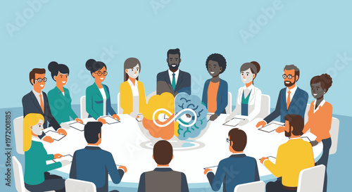 Diverse team of professionals collaborating around a table, symbolizing teamwork and idea generation.