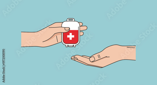 Blood Donation Transfer Concept with Hands Giving Blood Bag Medical Help and Life Saving Support Illustration