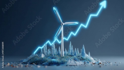 Renewable Energy Ascent: A stylized depiction of a wind turbine, symbolizing sustainable energy, is paired with a rising arrow.