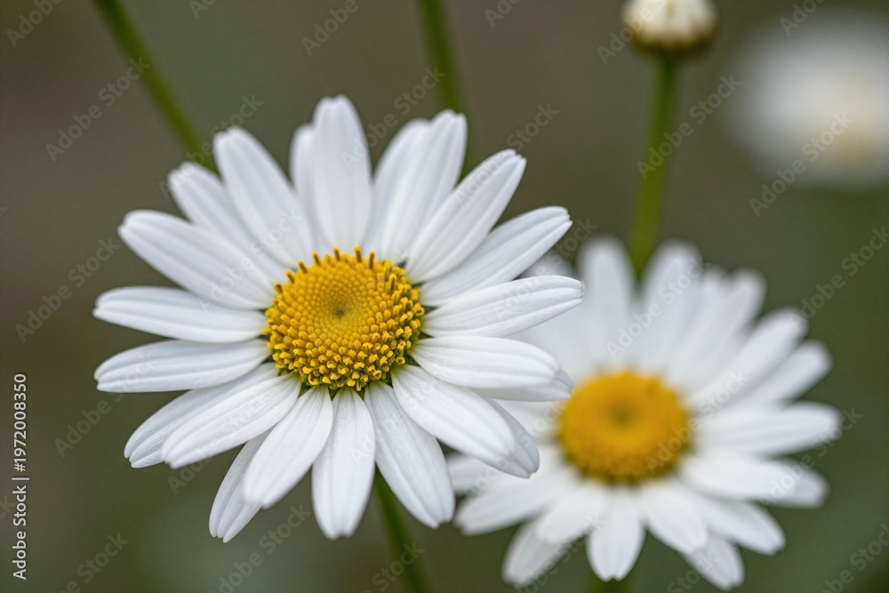 Obraz premium A couple of white daisies sitting on top of a lush green field