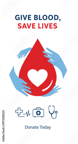 Blood Donation Awareness Poster with Caring Hands Heart Drop and Save Lives Message Illustration