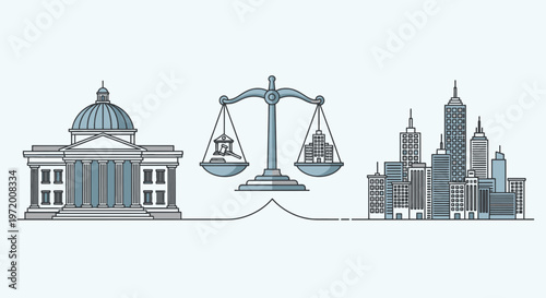 Legal Balance Between Government and Urban Development with Courthouse Cityscape and Justice Scales Illustration