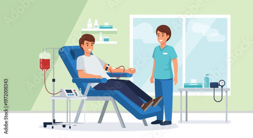 Man Donating Blood in Medical Chair with Nurse Assistance at Clinic Illustration