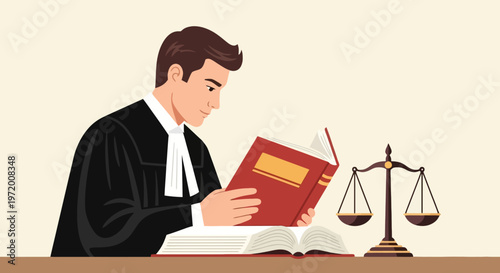 Male Lawyer Reading Law Book with Justice Scale Legal Study Illustration