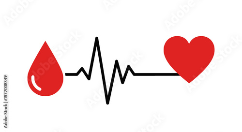 Blood Donation and Heartbeat Connection Concept with Blood Drop ECG Line and Heart Illustration