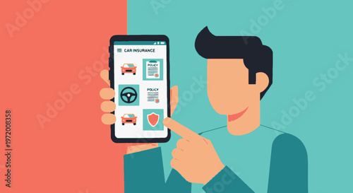 Man Using Smartphone App for Car Insurance Policy and Protection Illustration