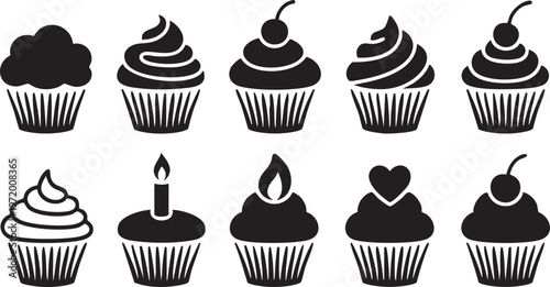 Cupcake silhouette icon set with frosting cherry and bakery sweets collection