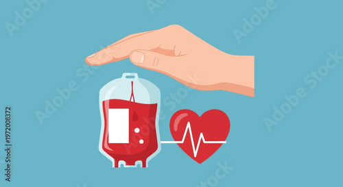 Blood Donation Care and Life Saving Support Concept with Hand Blood Bag and Heartbeat Illustration