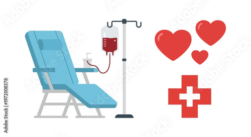 Blood Donation Chair with IV Bag Hearts and Medical Cross Illustration